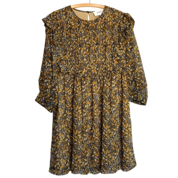 Ba&sh Sandra Autumn Leaf Print Brown Ruffle Georgette Mini Dress - Picture 2 of 13